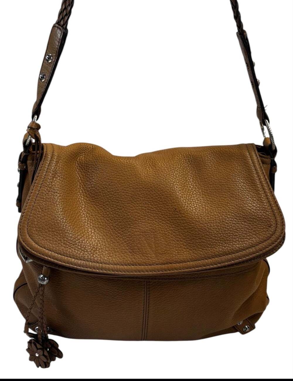 Brighton Tan Pebbled Leather Shoulder Bag with Floral Charm
